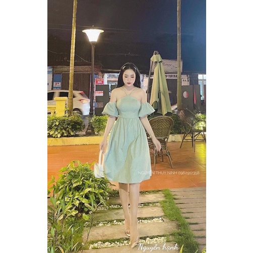 ĐẦM XANH CỔ YẾM RỚT VAI MIDI