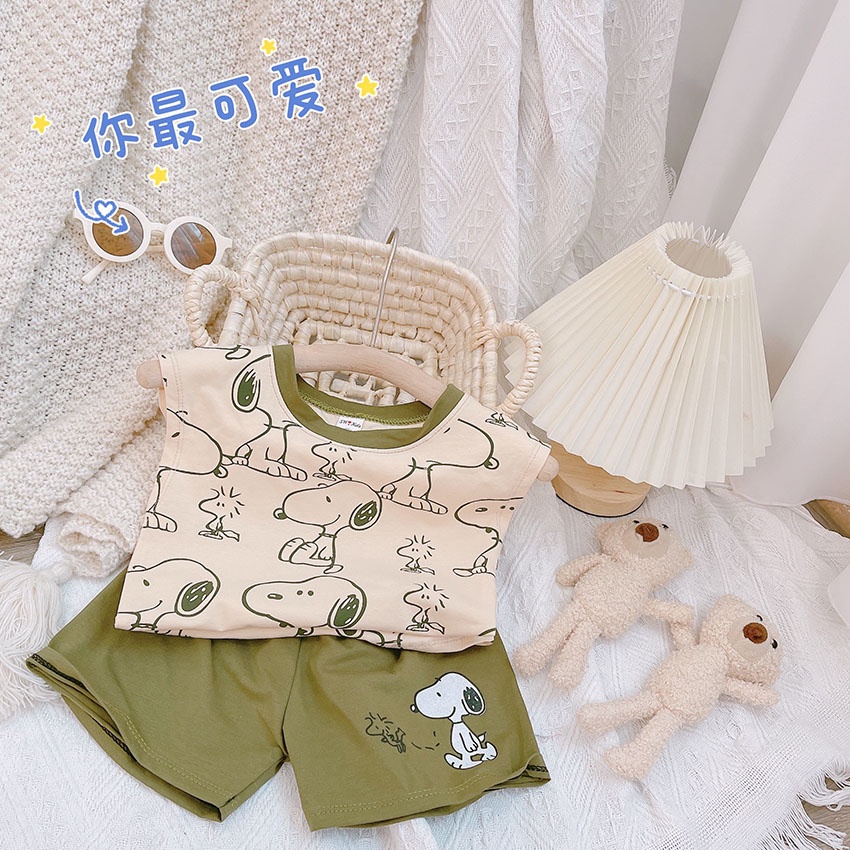 Bộ Quần Áo Trẻ Em Ba Lỗ In Hình snoopyi Vải Cotton Dễ Thương Cho Bé Từ 7-19kg Mã BL30