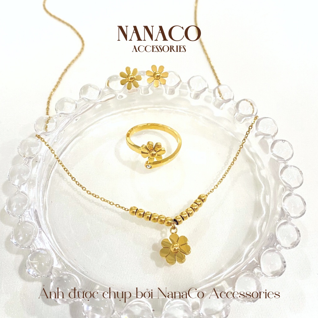 Dây chuyền khuyên tai lắc tay nữ titan không gỉ hoa cúc, bộ trang sức cao cấp NanaCo