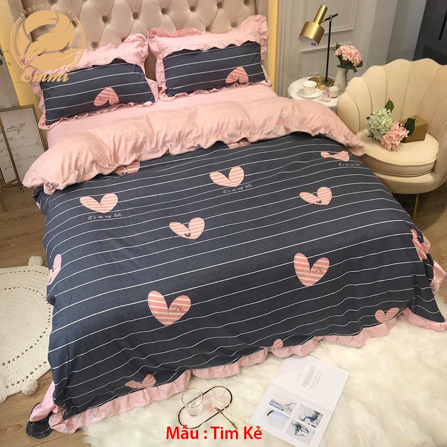 Bộ Chăn Ga Gối Cotton Đũi Bánh Bèo Emmidecor