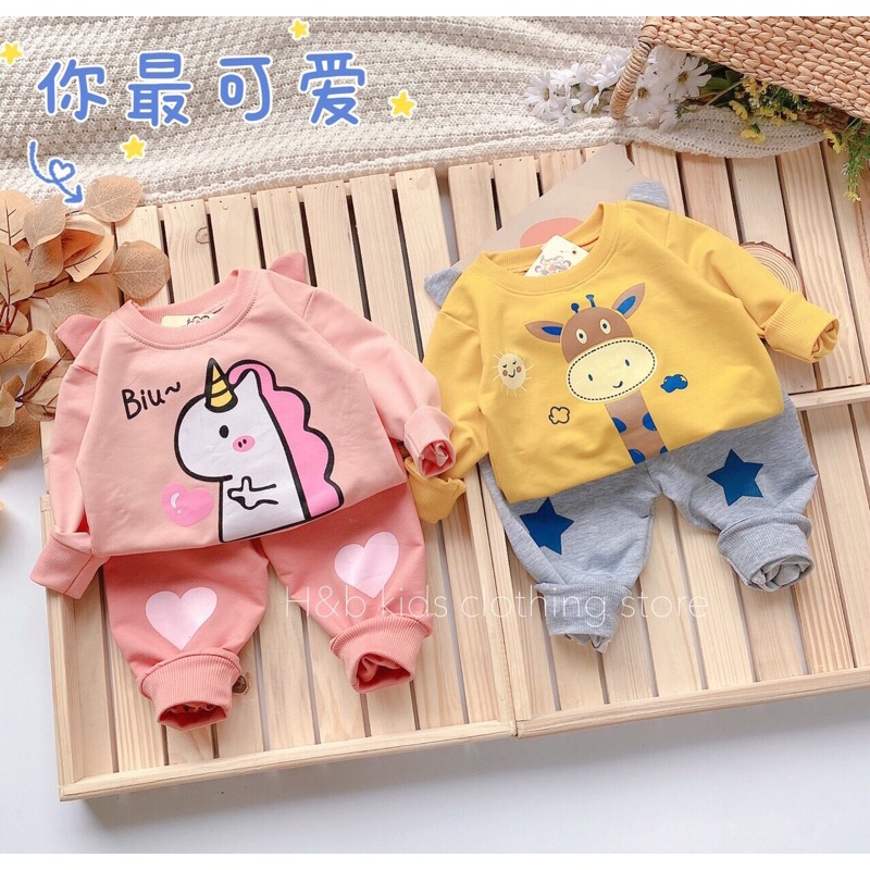 Bộ Đồ Nỉ Da Cá Thu Đông Hoạ Tiết Khủng Long, Hươu, Ngựa Cho Bé Trai, Bé Gái - 3 màu