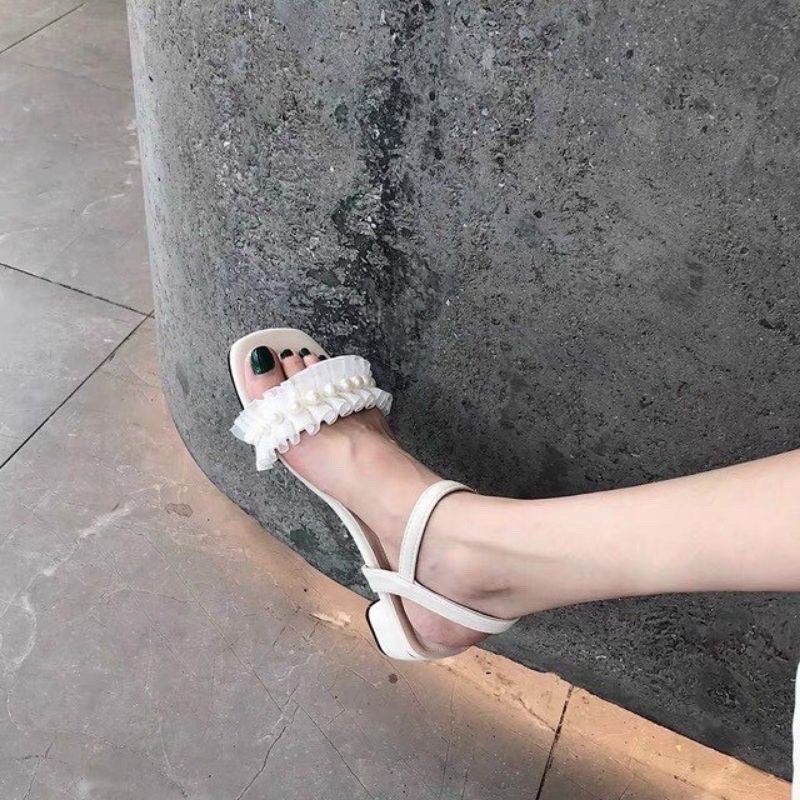 [Rẻ vô địch] Giày sandal nữ quai ren ngọc gót vuông 4p chất da lì mềm mại