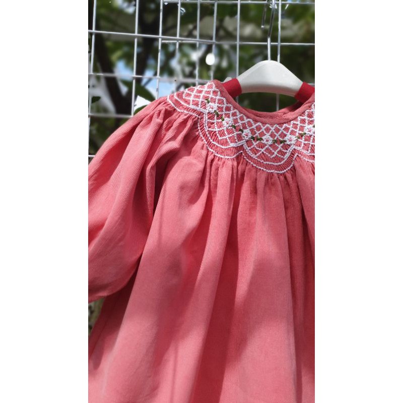 Váy smock nhung tăm nâu/hồng