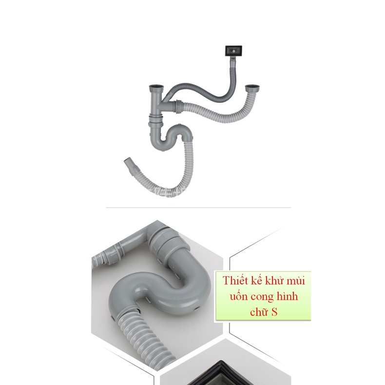 Bộ Xi phông thoát nước dành cho chậu rửa bát dành cho chậu 2 hố - Inox 304 siêu bền- Gồm đầy đủ phụ kiện