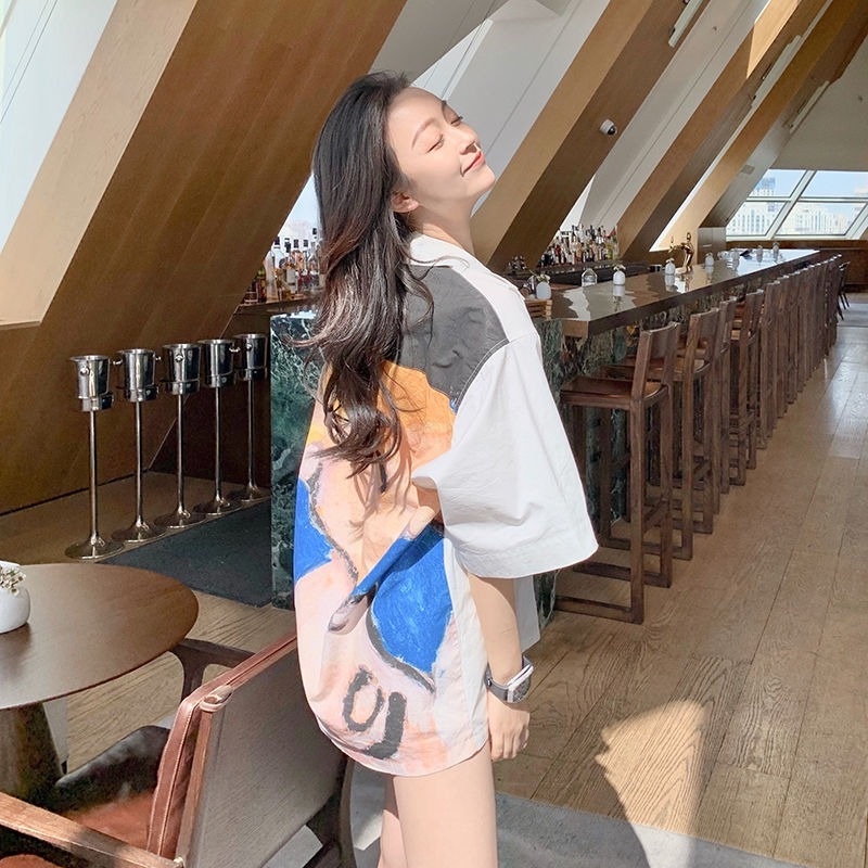 Áo Sơ Mi Tay Ngắn Dáng Rộng Cổ Bẻ In Họa Tiết Tranh Sơn Dầu Độc Đáo Thời Trang Cho Nữ