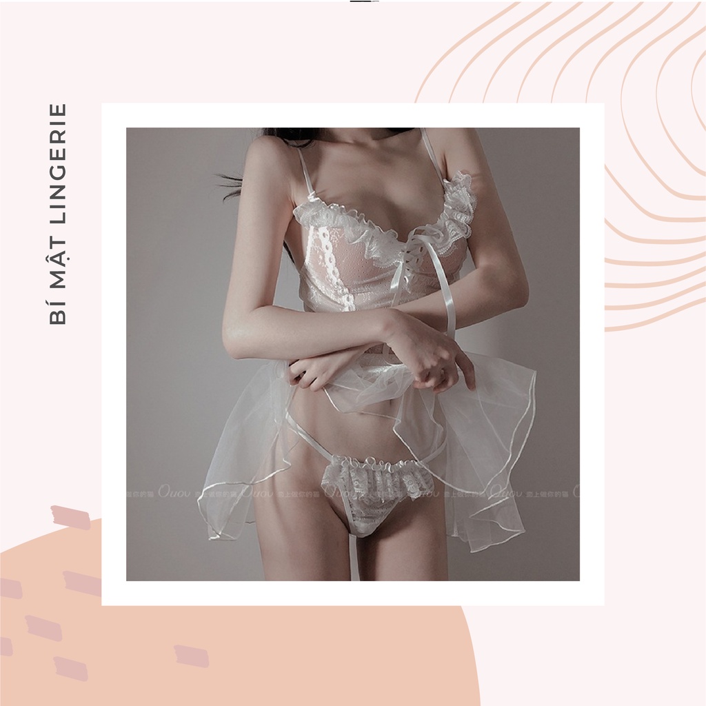 Đầm ngủ hai dây xuyên thấu ren lưới thắt nơ ngực khêu gợi