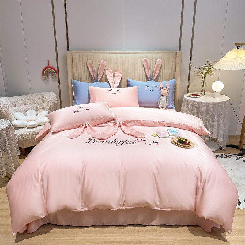 Bộ chăn ga gối lụa Thỏ xinh xắn nhập khẩu cao cấp, chất lụa mềm mịn thoáng khí họa tiết tai thỏ dễ thương MỚI