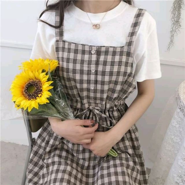 Váy Yếm Kẻ Caro + Croptop Ullzang