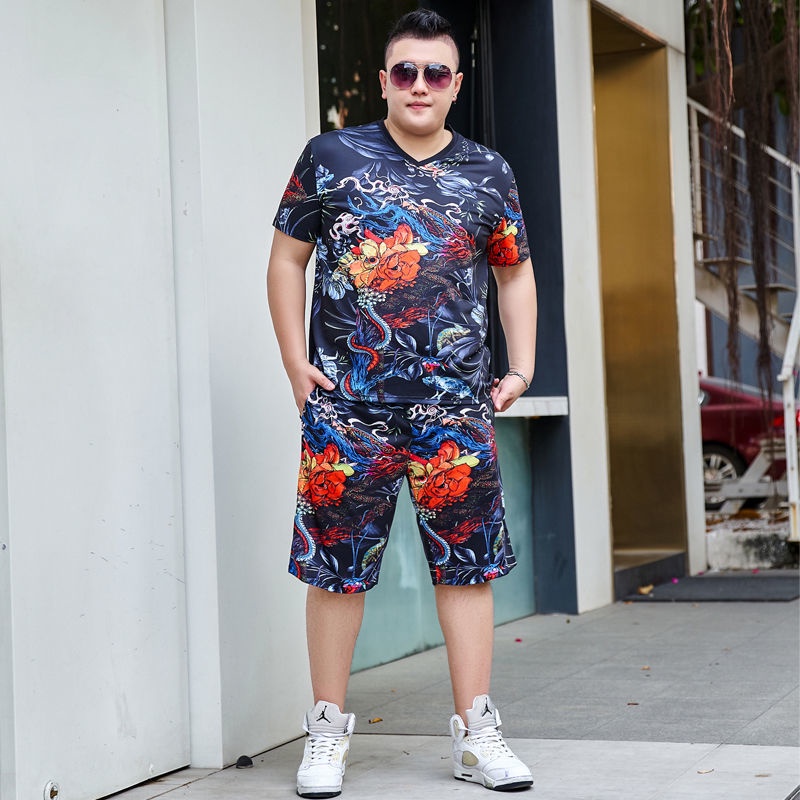 Bộ đồ thun big size nam họa tiết rồng hoa đỏ