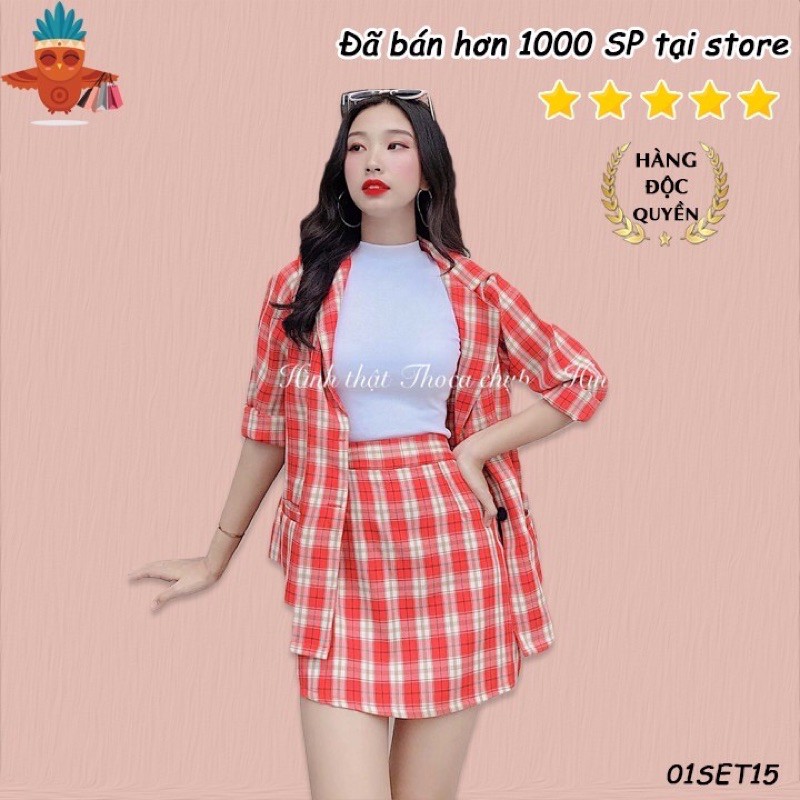 Set bô áo vest blazer đỏ kẻ sọc tay dài kèm chân váy ngắn xòe kẻ sọc freesize dưới 55kg