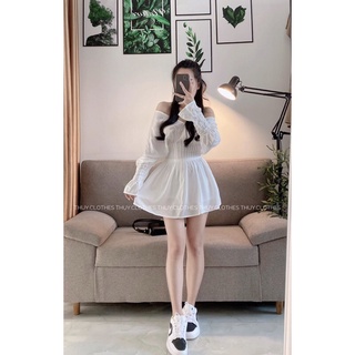 ĐẦM TRẮNG CỔ V XẾP LI EO TAY DÀI [kèm ảnh thật]
