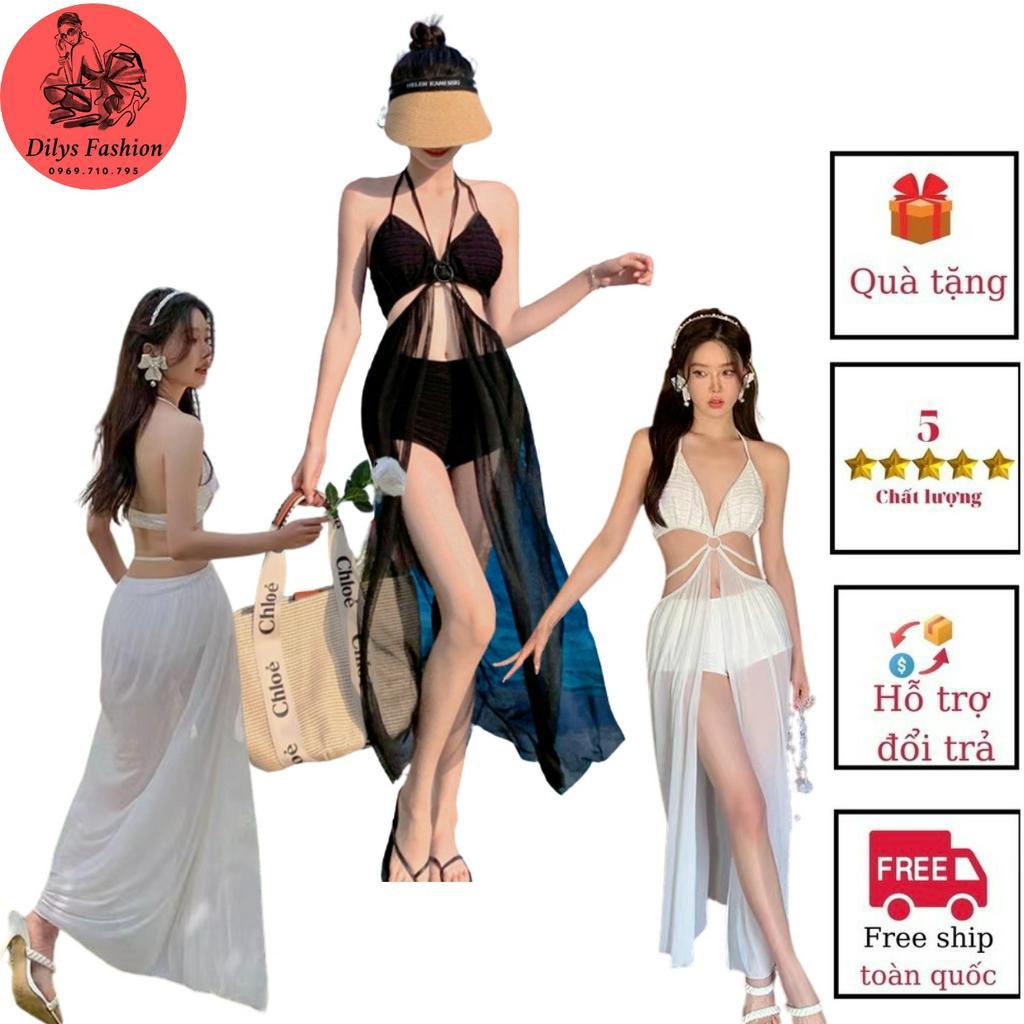 Bikini đi biển sexy DILYSFASHION BK, Đồ bơi nữ 2 mảnh quần cạp cao áo 2 dây phối choàng voan phong cách hàn quốc