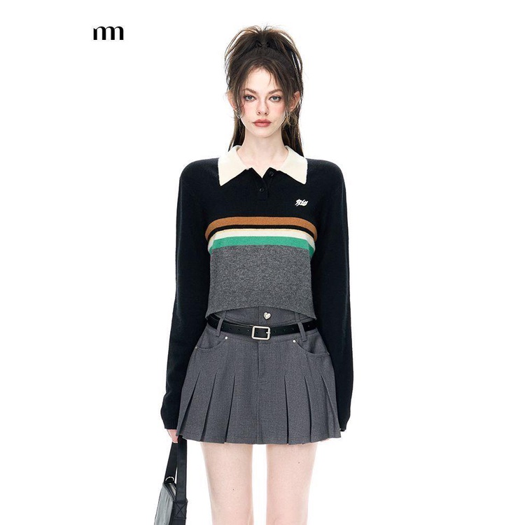 Nimo WANG Áo Sweater Chui Đầu Cổ Polo Tay Dài Kẻ Sọc Màu Tương Phản Kiểu Retro Mỹ Thời Trang Mùa Thu Cho Sinh Viên