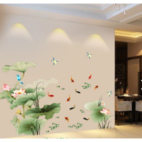 Decal dán tường trang trí phòng khách hình hoa sen và cá