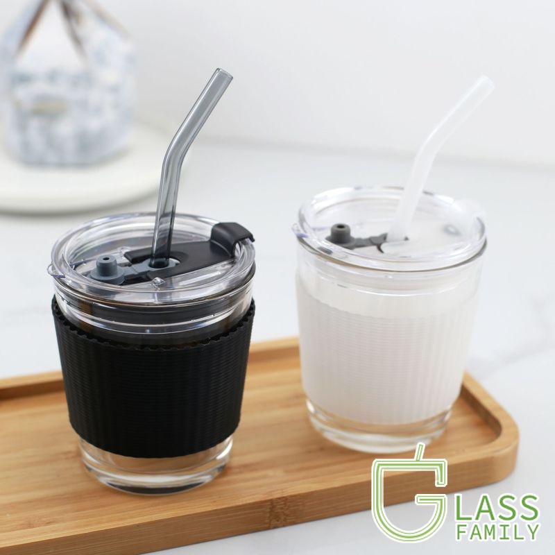 GF Reusable Smoothie Cups Glass Coffee Cup with Lid and Straw Drinking Glasses for Milk Smoothies Bubble Tea Juice Coffee