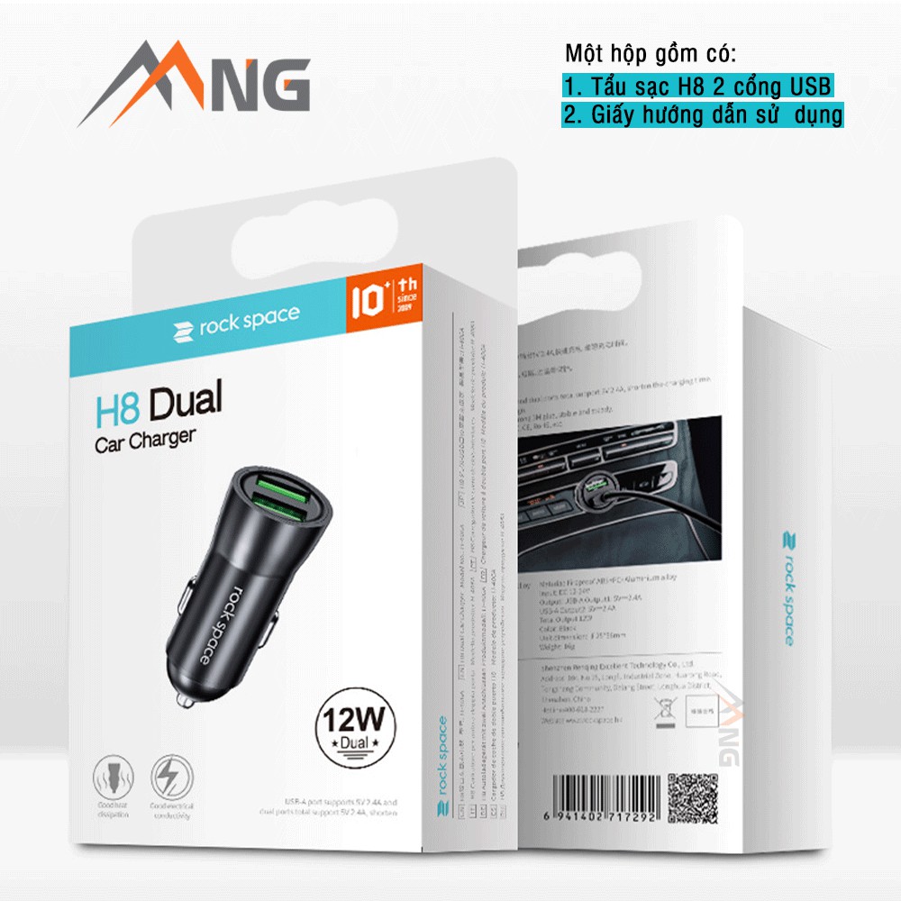 Tẩu sạc nhanh ô tô 2 cổng USB 12v - 24v Rockspace H8 sạc ổn định - hàng chính hãng bảo hành 12 tháng 1 đổi 1