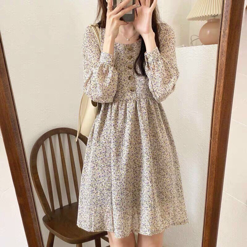 [ Miễn Phí Ship 2022 ] Đầm hoa xíu tay dài dáng rộng phong cách Hàn Quốc