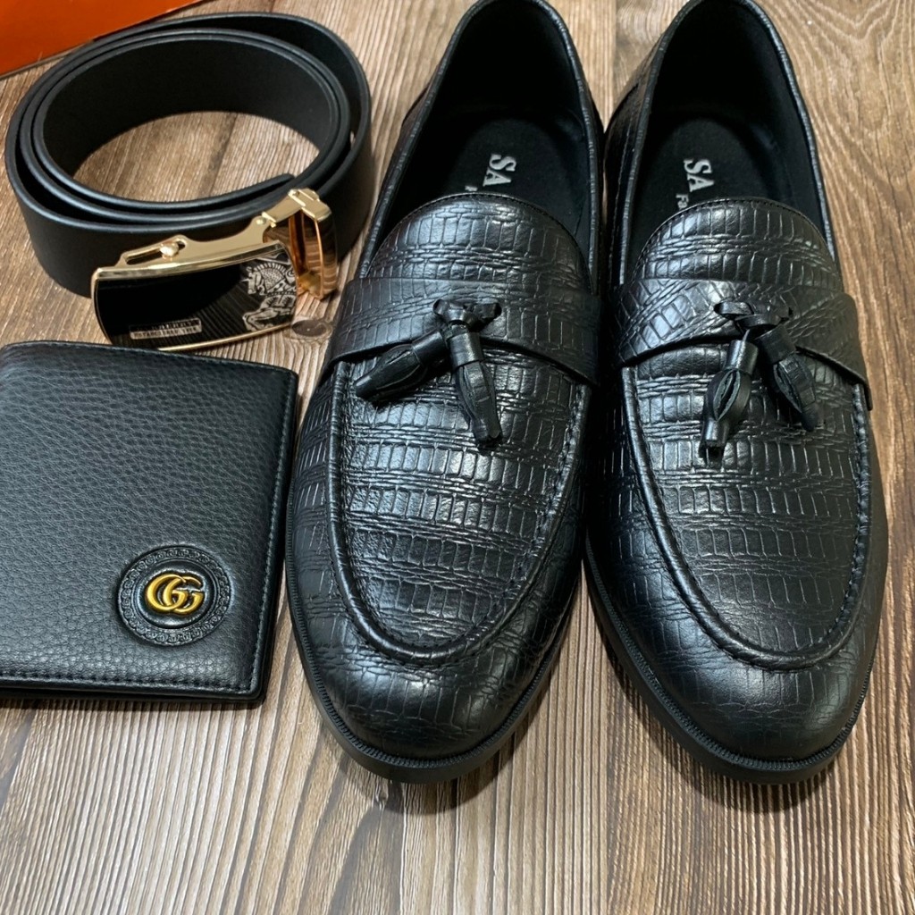 Giày tây công sở nam da bò nguyên miếng chuẩn 100% chuông vân đen cao cấp