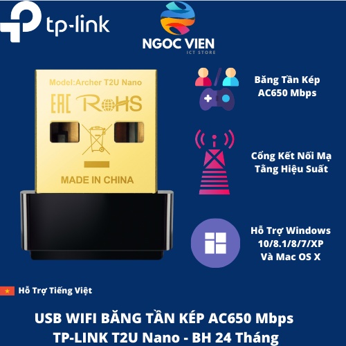 Bộ Chuyển Đổi USB Wifi TP-Link Archer T2U Nano Băng Tần Kép Chuẩn AC 600Mbps | BH 24 Tháng|NgocvienStore