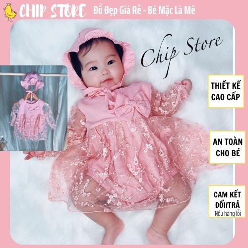 Váy bé gái sơ sinh ren trắng hồng cho bé mặc đầy tháng CHIP STORE