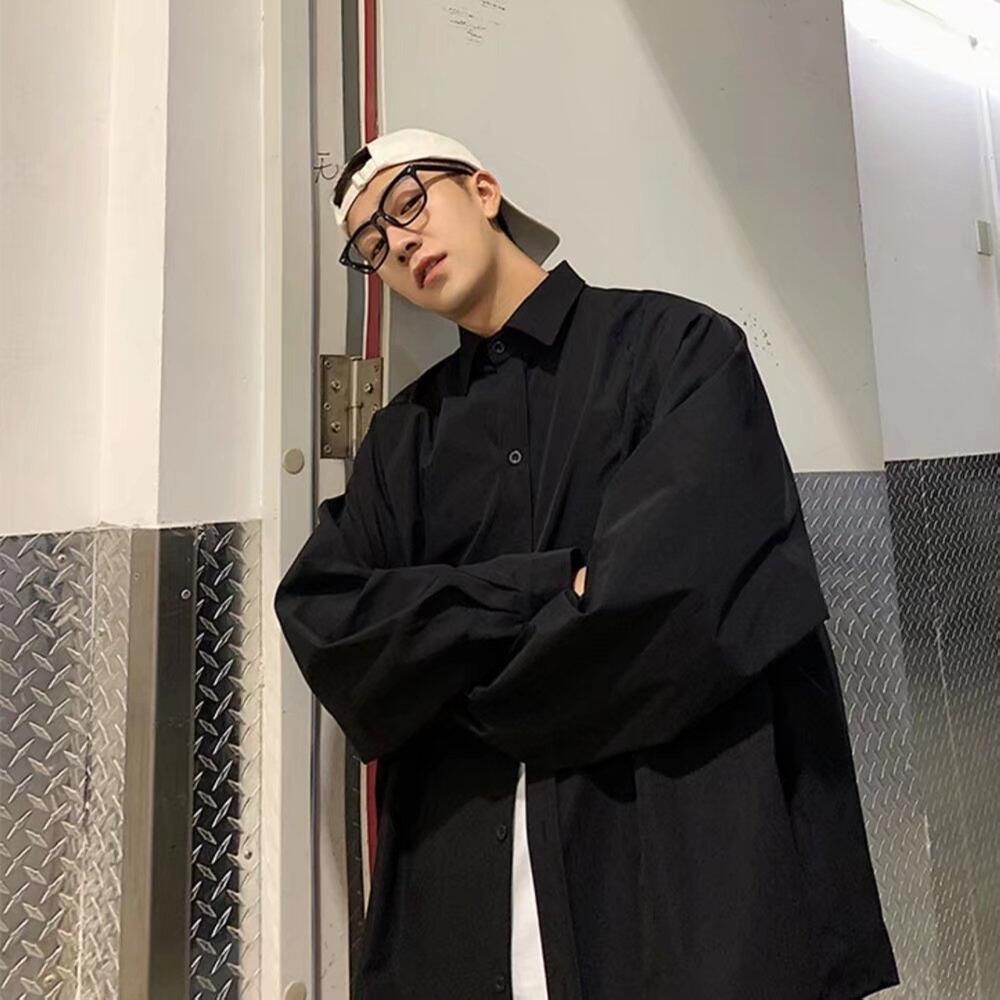 Áo Sơ Mi Trơn Tay Dài Dáng Rộng Thoáng Khí Phong Cách Hip Hop Đường Phố Hàn Quốc Cho Nam