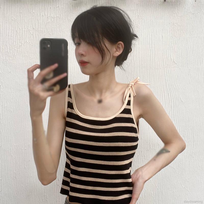 Áo Tank Top Dệt Kim Phối Nơ Hoạ Tiết Kẻ Sọc Thiết Kế Thanh Lịch