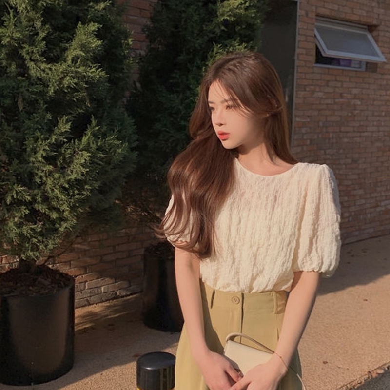 Áo kiểu IELGY vải chiffon ngắn tay thoải mái thiết kế họa tiết dễ thương cho nữ