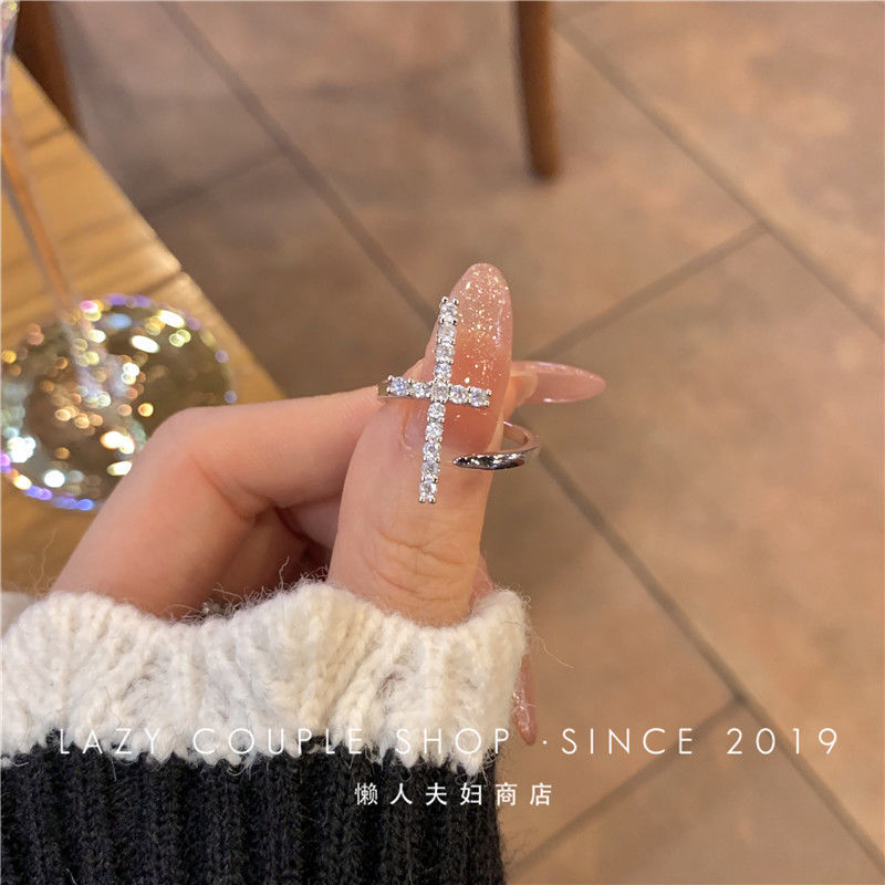 Shop Owner's Wall Push Super Cool Cold Wind Cross Diamond-Embedded Super Flash Personality Disco Open Ring for Women2021New-