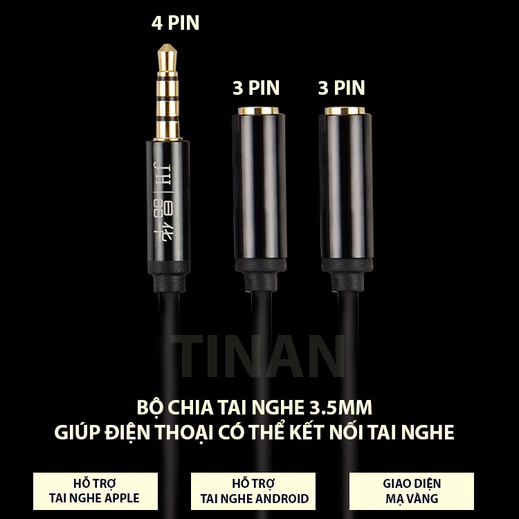 Dây Cáp Chuyển Đổi Audio 3.5mm, 3 PIN sang 4 PIN, 2 To 1, Dài 20cm, Dùng Cho Điện Thoại, Laptop