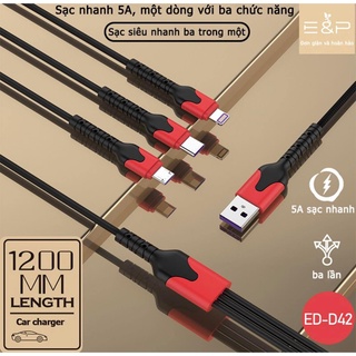 Dây cáp sạc 3 đầu sạc nhanh 5A cho iphone/android/type