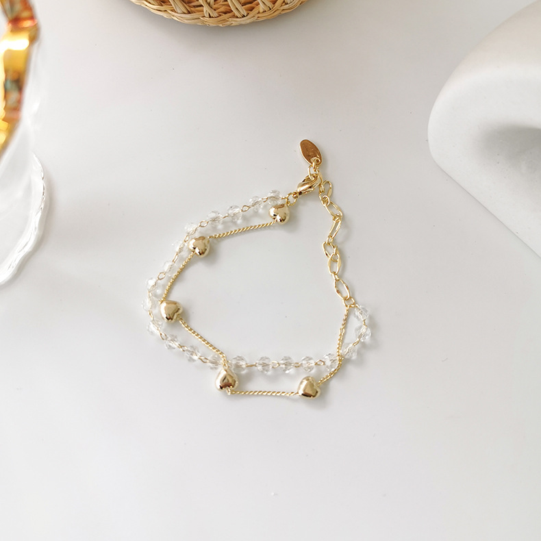 XiaoboACC Korea Fashion Crystal Love Double Layer Splicing Chain Bracelet