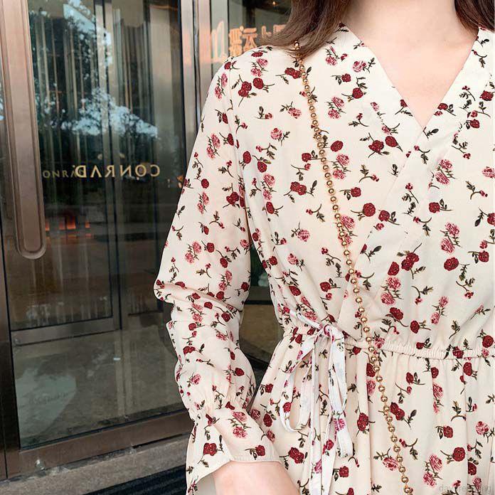 Đầm Nữ Dài Tay Cổ Chữ V In Hoa Thời Trang Hàn
