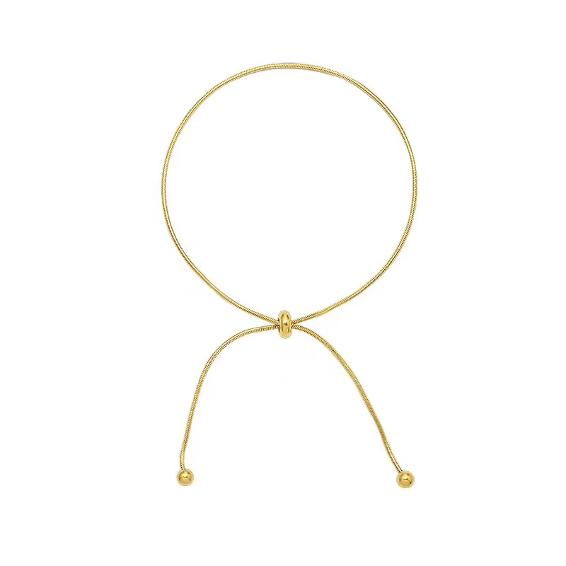 Dây chuyền bằng thép titan mạ vàng hồng 18K họa tiết xương rắn phối hạt tròn phong cách cổ điển đơn giản có thể thu gọn