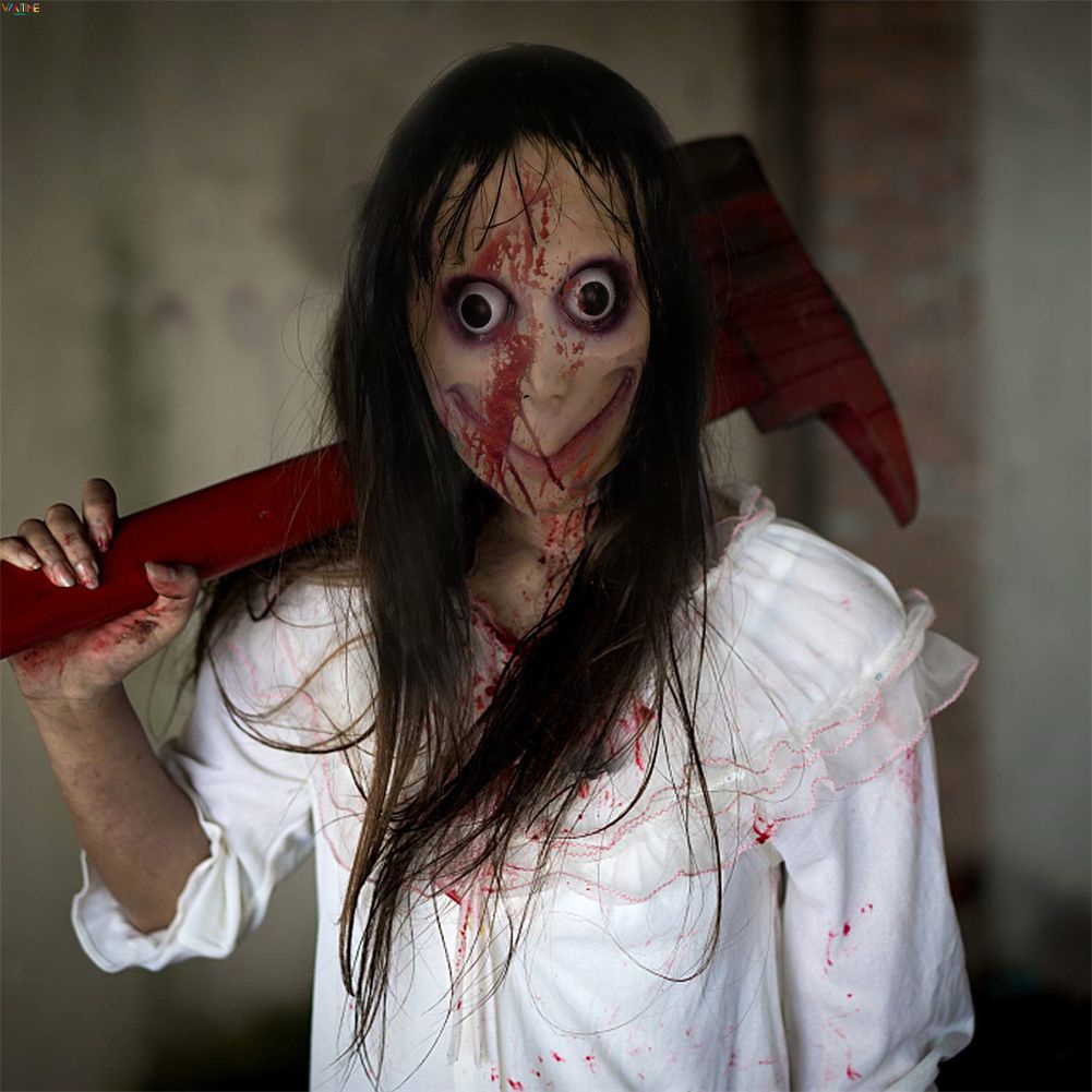Mới Kinh Dị Halloween Mặt Nạ Tóc Dài Momo Múa Mặt Nạ Hiệu Suất Toàn Bộ Người Đạo Cụ Nhiều Lỗ WHIT
