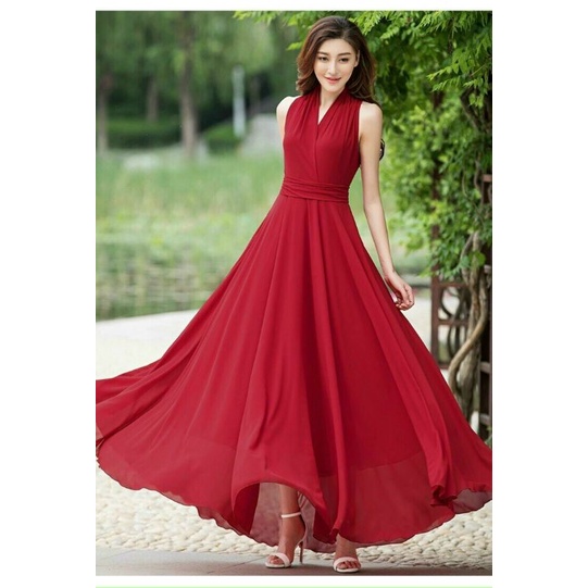 Đầm maxi xoè dáng dài cổ V eo xếp li cách điệu Lh0917399527