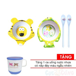Chén cho bé tập ăn hình hổ bằng nhựa + Tô trẻ em in hình cá bằng nhựa  + 2 muỗng ăn dặm cán dài TẶNG 1 ca uống nước