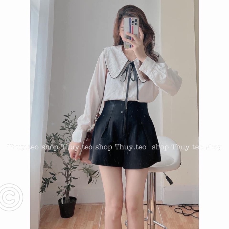 [Hàng sẵn] Áo sơ mi đũi cổ sen nơ đen sơ mi ullzang SM1802