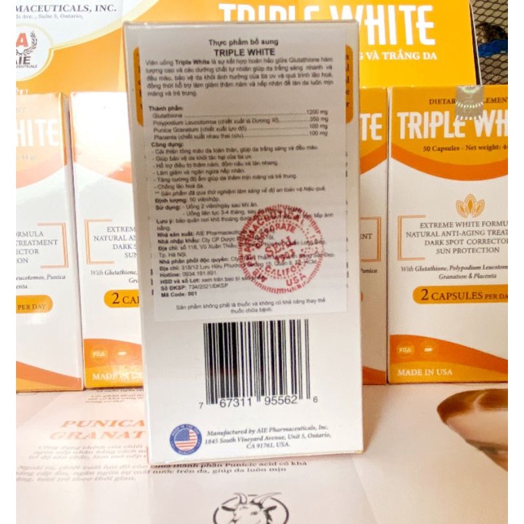 [CHÍNH HÃNG] TRIPLE WHITE Viên Uống Trắng Da, Chống Nắng, Giảm Thâm Nám, Chống Lão Hoá của Mỹ (Hộp 50 Viên) | Thế Giới Skin Care