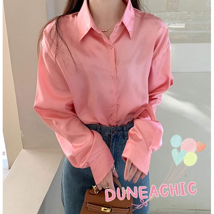 DUNEA Áo Sơ Mi Vải Satin Tay Dài Dáng Rộng 7 Màu Lựa Chọn Cho Nữ