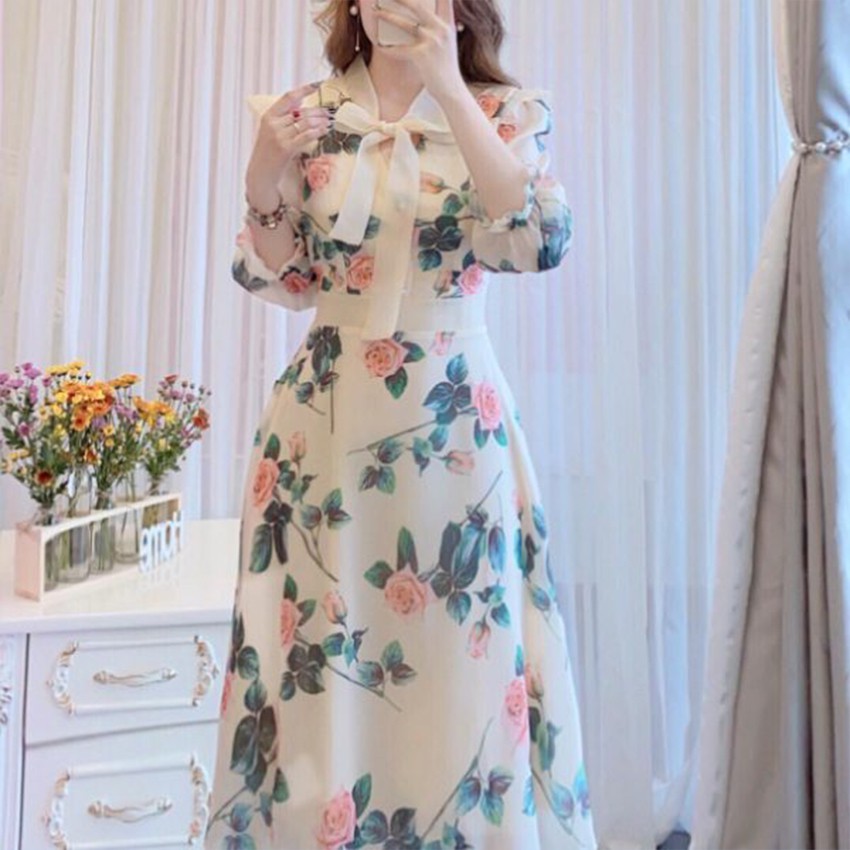 Váy Hoa Dài Tay Thắt Nơ Cổ V Hàng Thiết Kế Cao Cấp 2 Lớp Mềm Mịn Thấm Hút Mồ Hôi [Ảnh Thật Shop Tự Chụp] | BigBuy360 - bigbuy360.vn