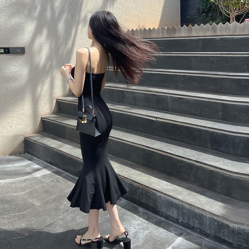 Đầm Dài Đuôi Cá Diềm Xếp Nếp Ôm Eo Kín Đáo Phong Cách Phương Tây Thời Trang Mùa Hè Mới