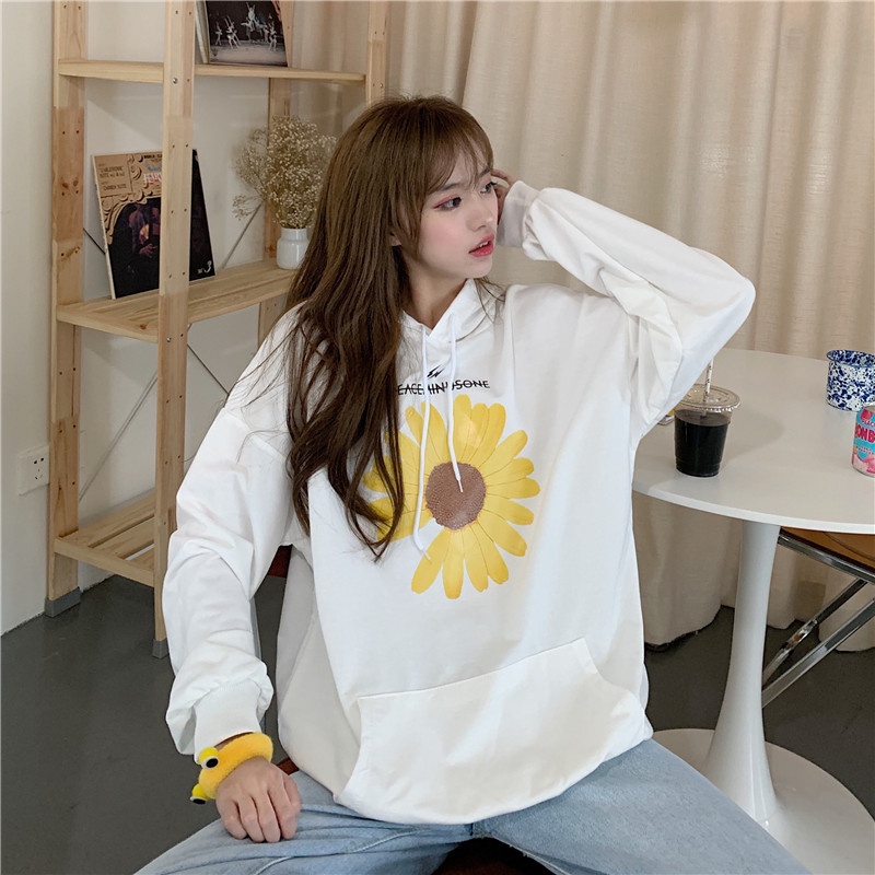 ZHELIHANGFEI Áo Hoodie Dáng Rộng In Hình Hoa Cúc Dễ Phối Đồ