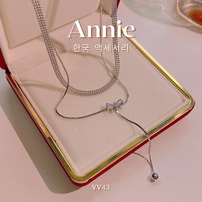 Dây chuyền Vòng cổ nữ đính đá hai sợi thép titan không gỉ nơ cao cấp Annie VV43