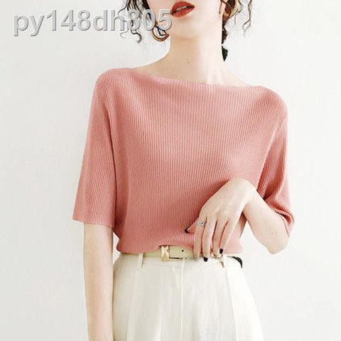 Áo blouse☾❆2021 Phiên bản Hàn Quốc của cổ áo len lụa sơ mi nữ mùa hè mỏng phần thun ngắn tay hoang dã Slim