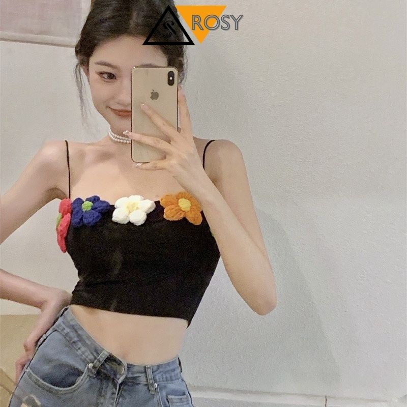 Áo 2s croptop chất borip gân phối ticker hoa cúc đan bằng len siêu đáng yêu