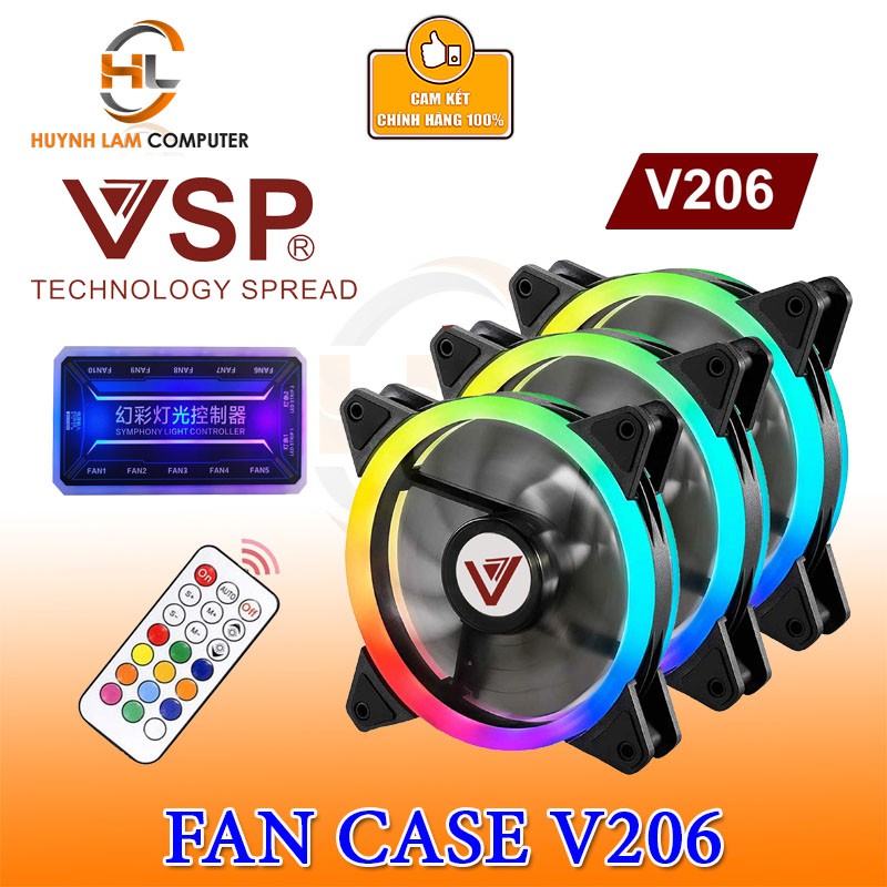 Bộ 3 Fan VSP V206 Led RGB kèm hub và remote Cho Case kính cường lực