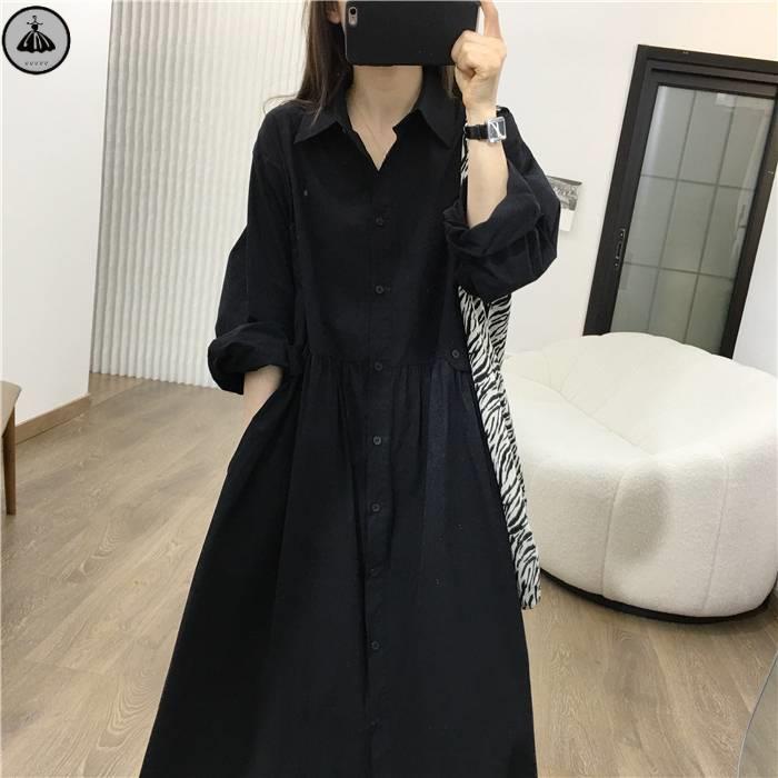 Váy babydoll Đầm Dài Qua Gối Dáng Rộng Lưng Cao Phong Cách Hepburn Hàn Quốc Thời Trang Mùa Thu Cho Nữ