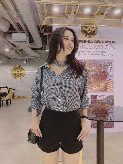 Sơ mi kẻ caro oversize tặng kèm chocker (có ảnh thật)