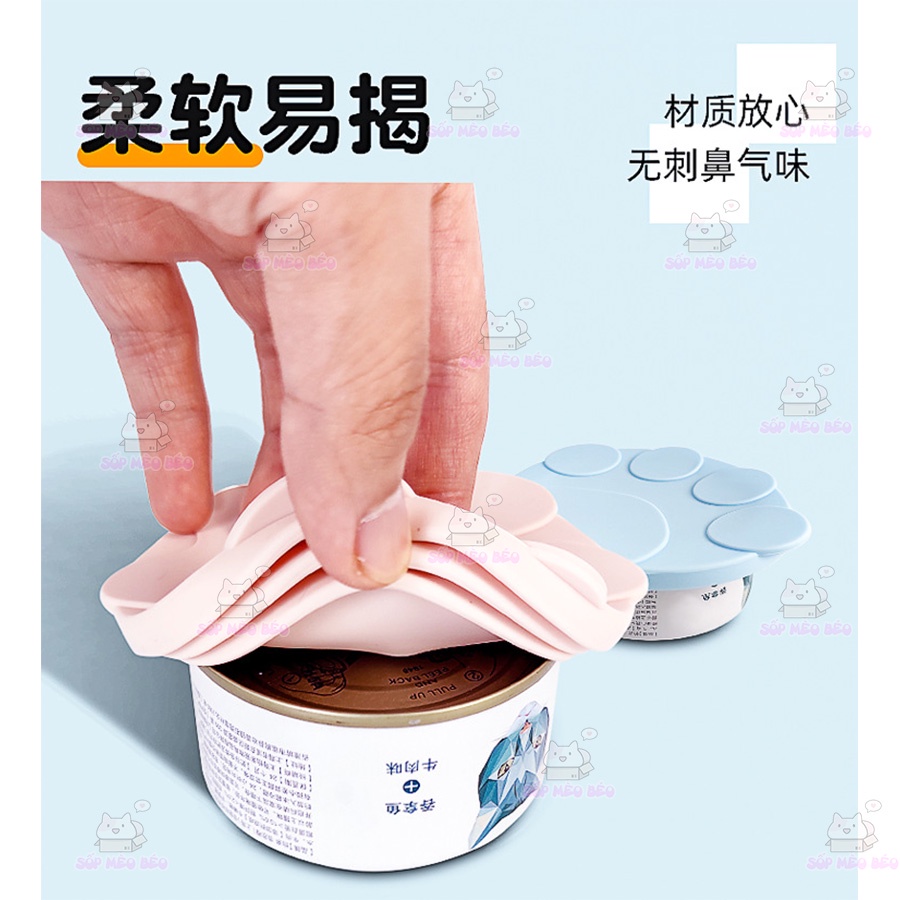 Nắp đậy đồ lon Cún Mèo kèm muỗng chuyên dụng hình chân Mèo dễ thương
