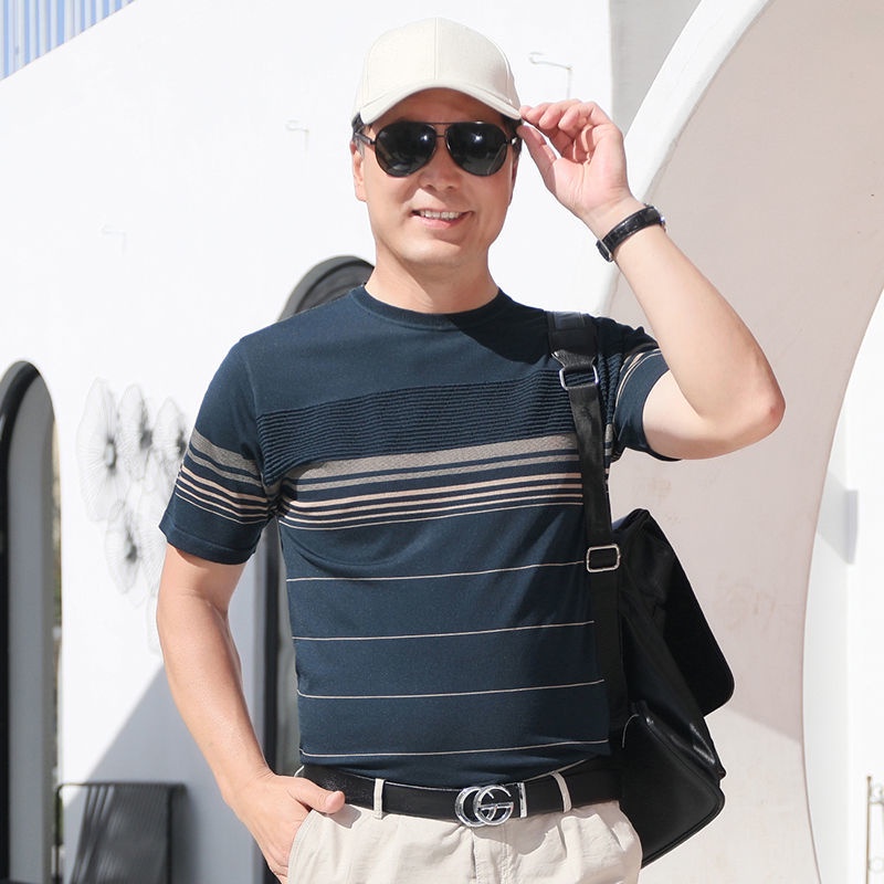 Baju Áo Thun baju T lelaki murahDad Tay Ngắn Bằng Lụa Lạnh Thời Trang Mùa Hè Cho Đàn Ông Trung Niên Gran